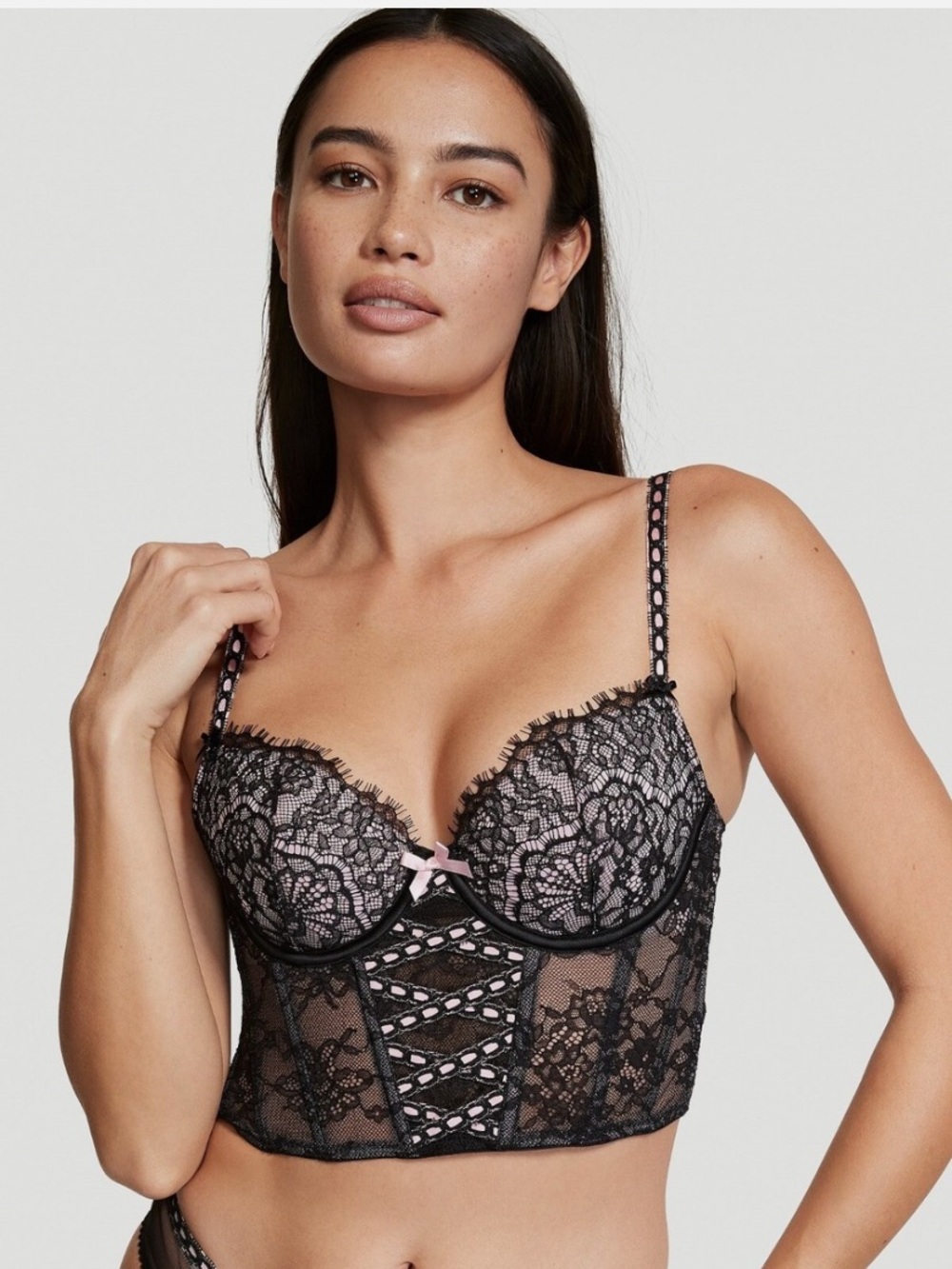 Victoria secret Lace Bustier Bra with Pink Accent Black/Pink NWT S-DD NWT